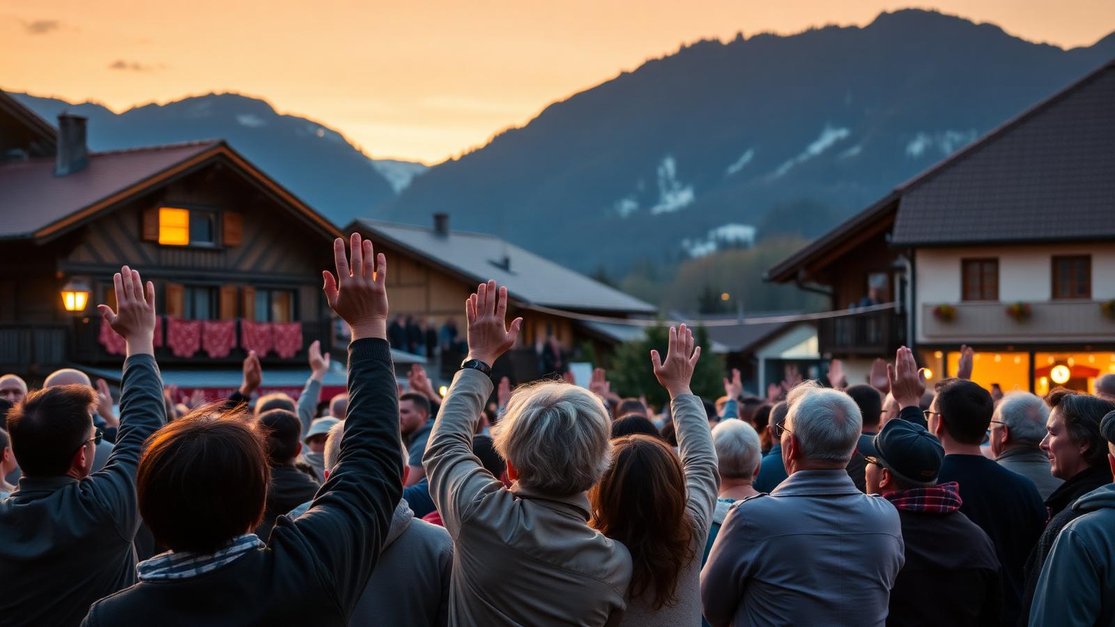 Bürger einer Gemeinde heben die Hände zu einer offenen Abstimmung auf einem Dorfplatz im Alpenlicht