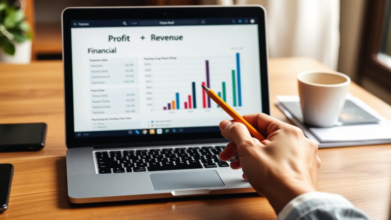 Businessplan mit Umsatz- und Rentabilitätsvorschau auf dem Laptop