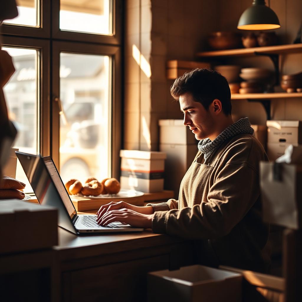 Kleine Bäckerei verwaltet Online-Bestellungen am Laptop