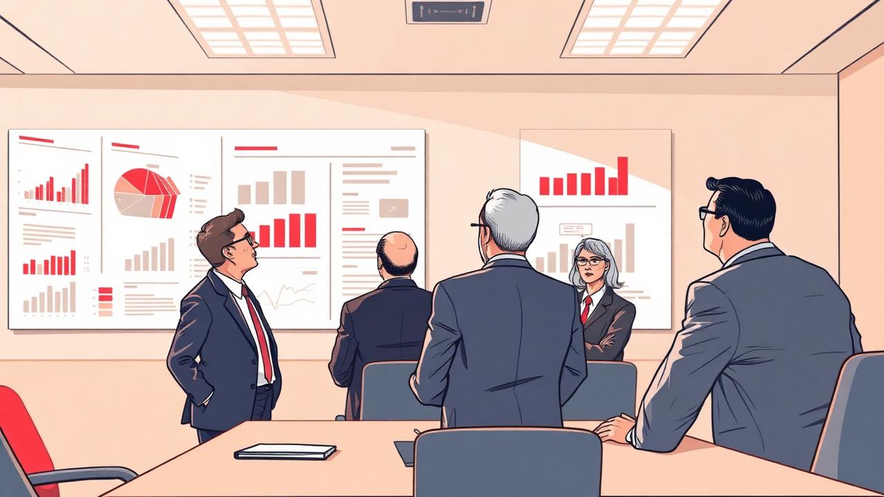 Gremiensitzung in einem hellen Besprechungsraum, ein Analyst erläutert Diagramme, eine Teilnehmerin widerspricht sichtbar