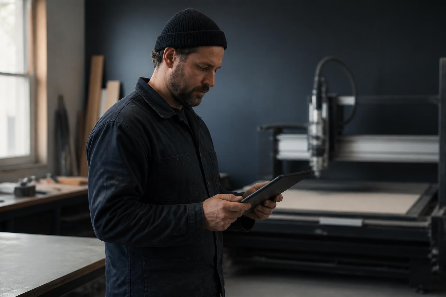 Handwerker prüft digitales Werkzeug am Tablet neben einer Werkstattmaschine