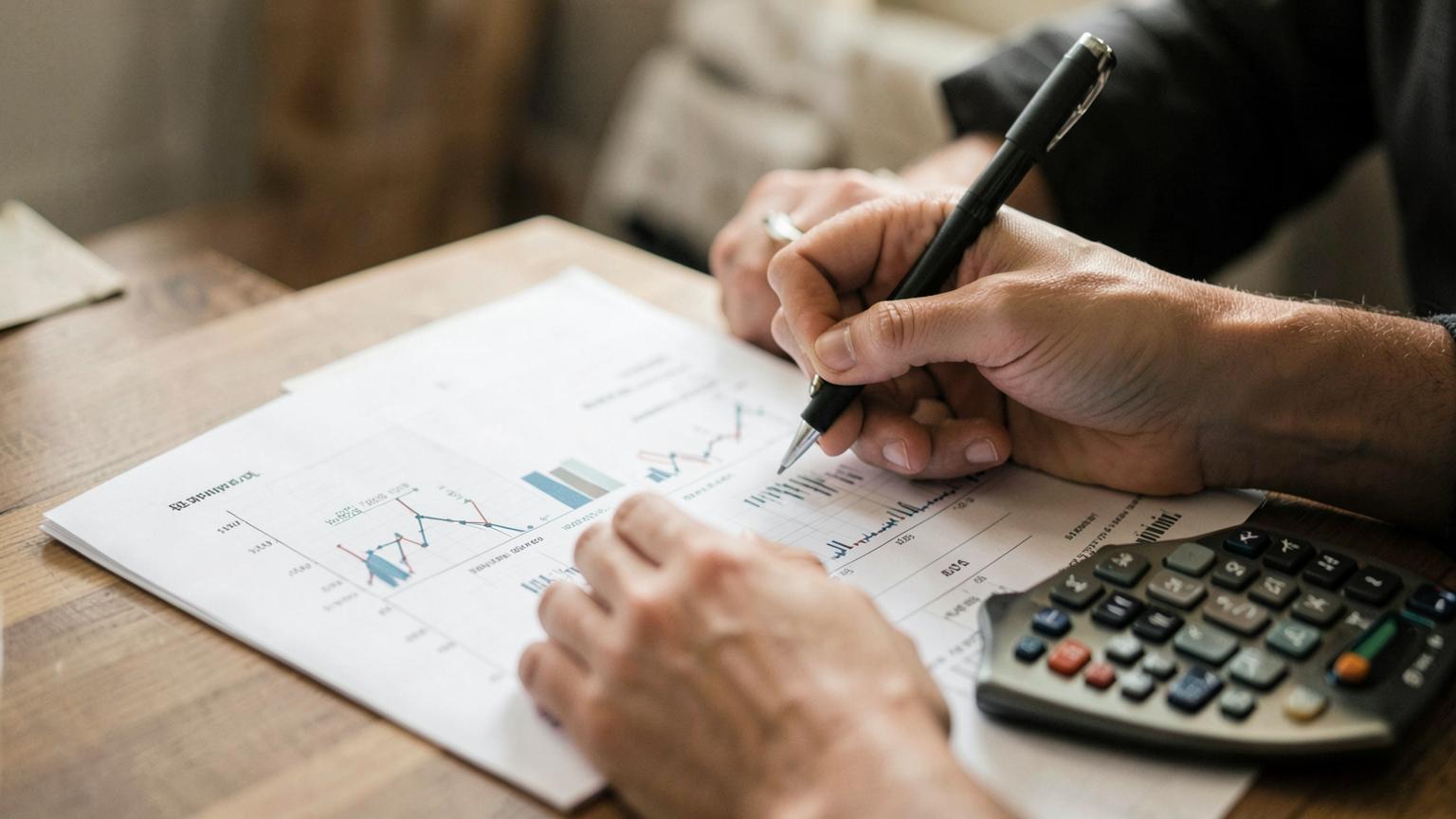 Hände arbeiten an einem ausgedruckten Businessplan mit Finanzübersichten und Taschenrechner