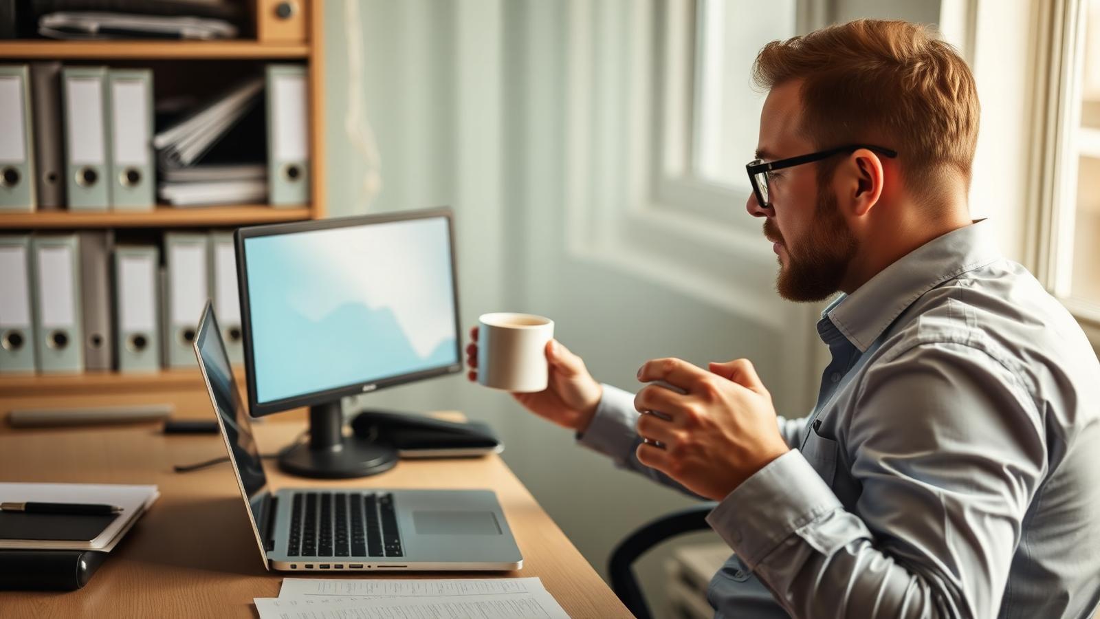 Unternehmer am Schreibtisch prüft Zahlen am Bildschirm und in den Belegen – Vergleich von Liquidität und Ergebnis im Alltag.