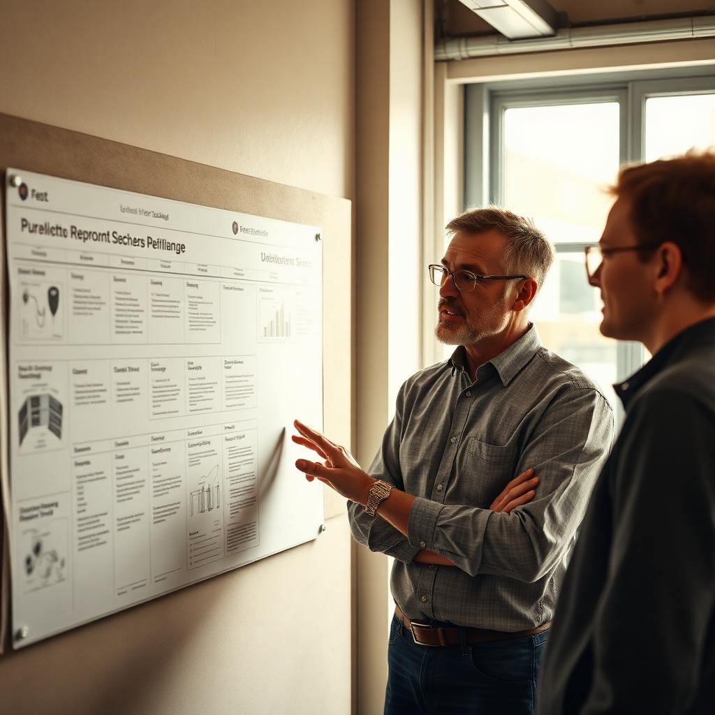 Inhaber eines mittelständischen Unternehmens diskutiert mit einem Mitarbeiter Prozessdiagramme an einer Pinnwand