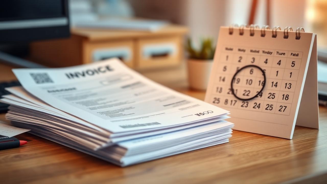 Stapel offener Rechnungen neben einem Kalender mit markiertem Fälligkeitstag