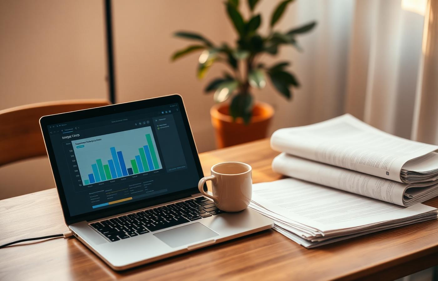 Arbeitsplatz mit Laptop, Bilanzauszug und Kaffeetasse – Symbolbild für die ruhige Auswertung der ROI-Kennzahl im KMU
