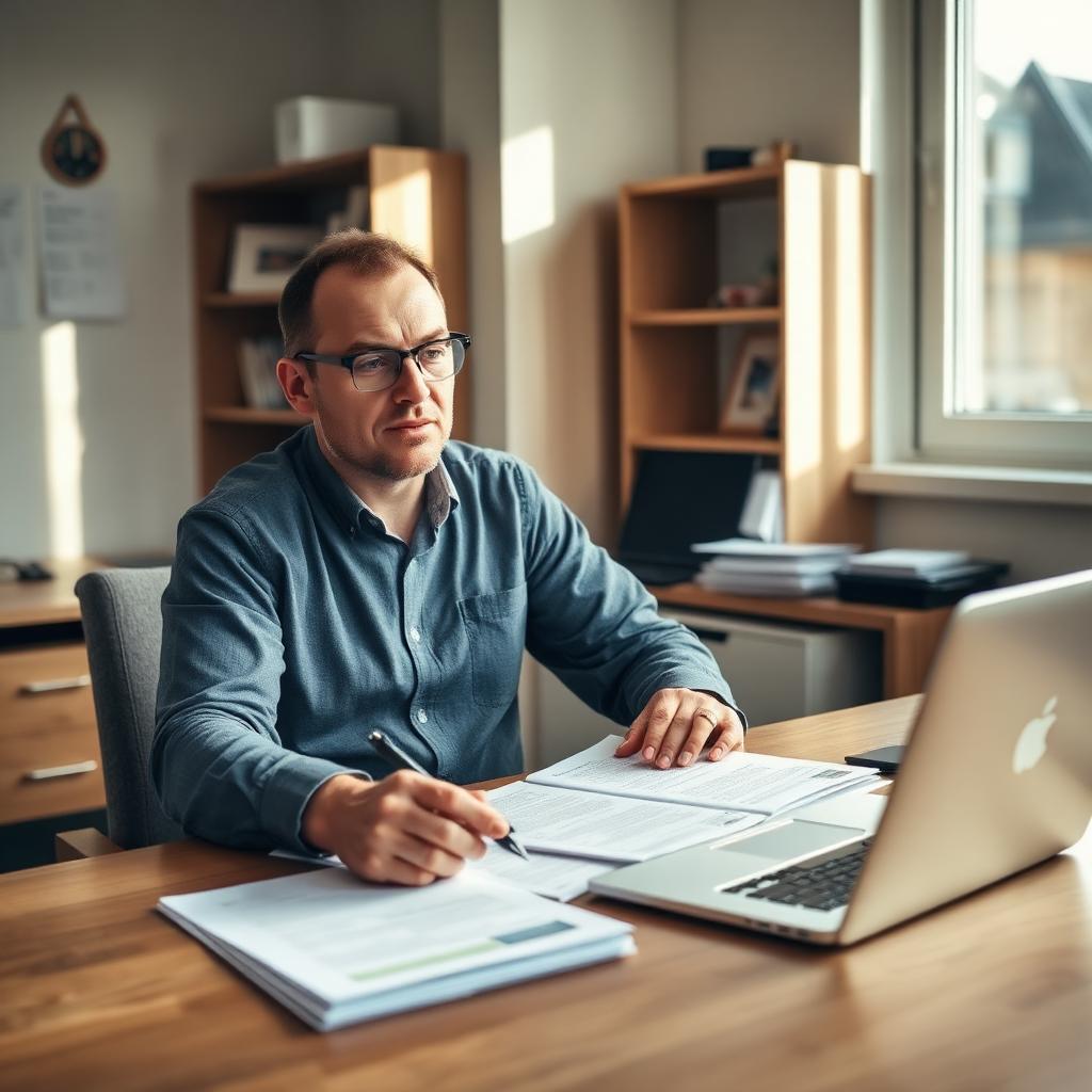 Unternehmer prüft am Schreibtisch einen Förderantrag mit Unterlagen und Laptop, ruhiges Tageslicht.