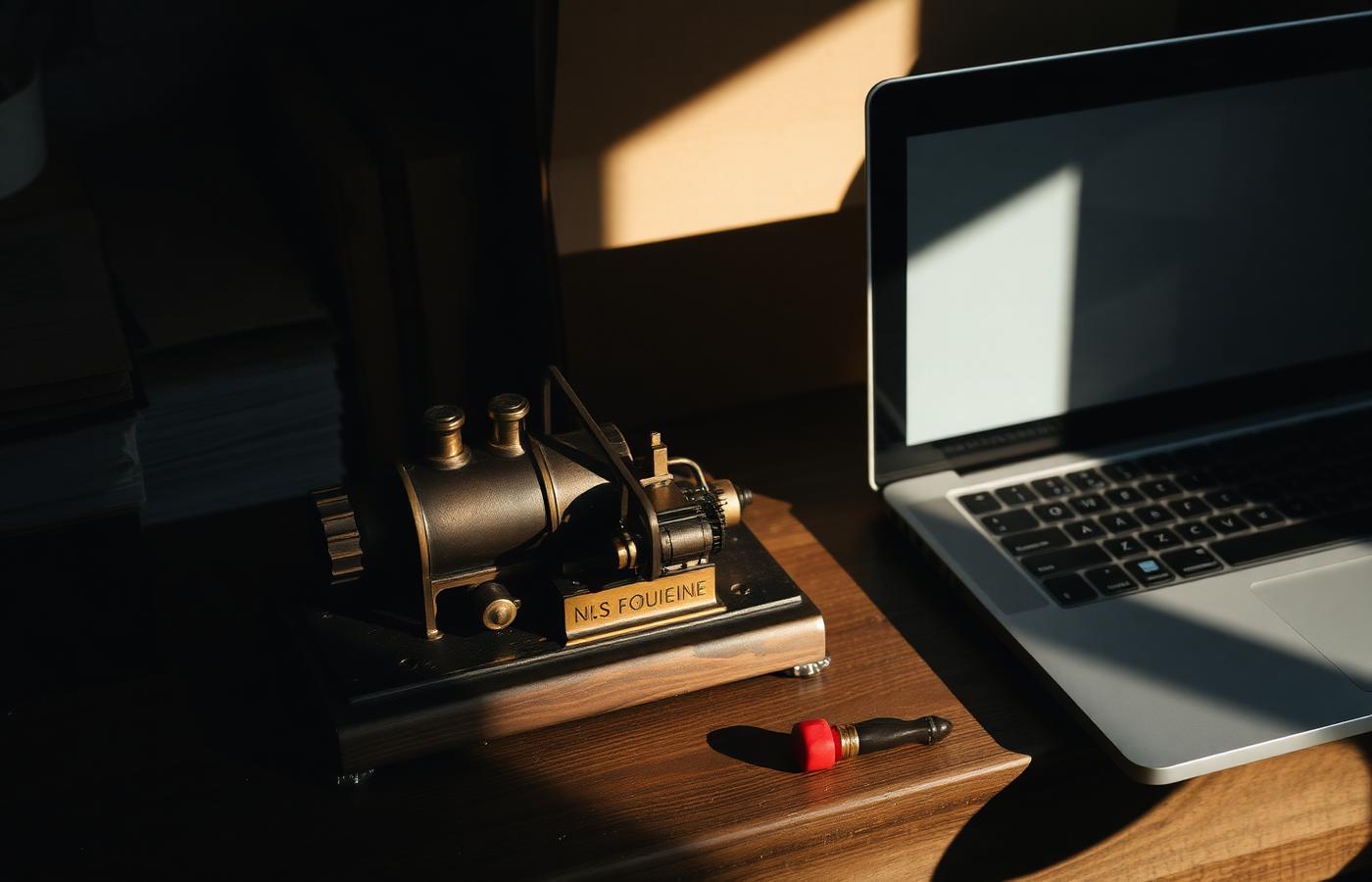 Modell einer historischen Dampfmaschine neben einem Laptop – Knowhow als treibender Faktor, damals wie heute