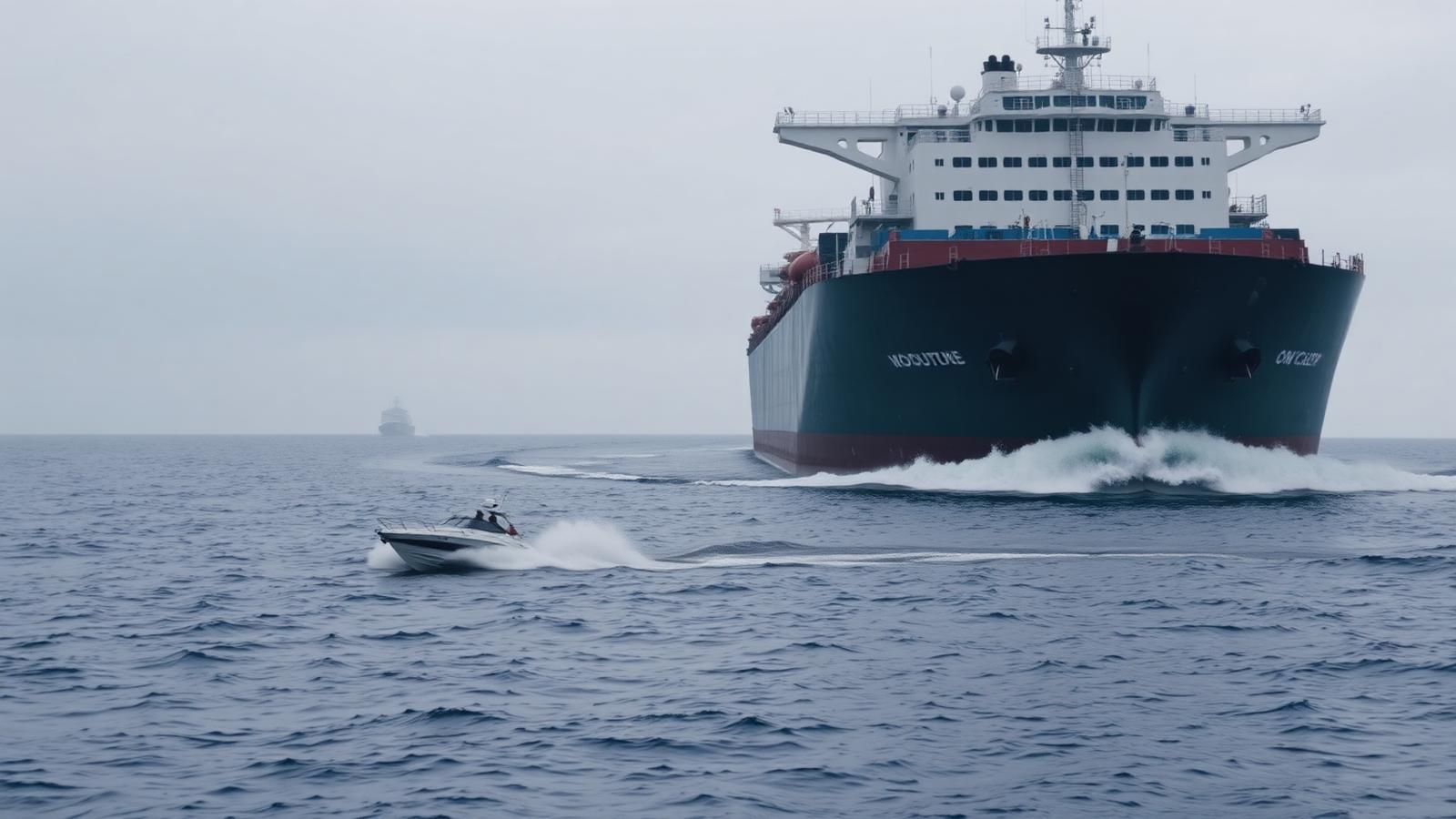Kleines Schnellboot zieht wendig an einem schwerfälligen Tanker vorbei