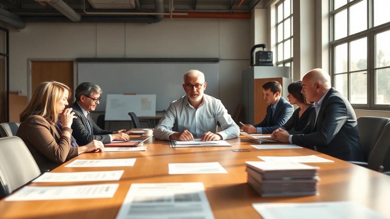 Inhaber am Kopf eines Besprechungstisches in einem mittelständischen Betrieb, die Runde nickt zustimmend, niemand widerspricht