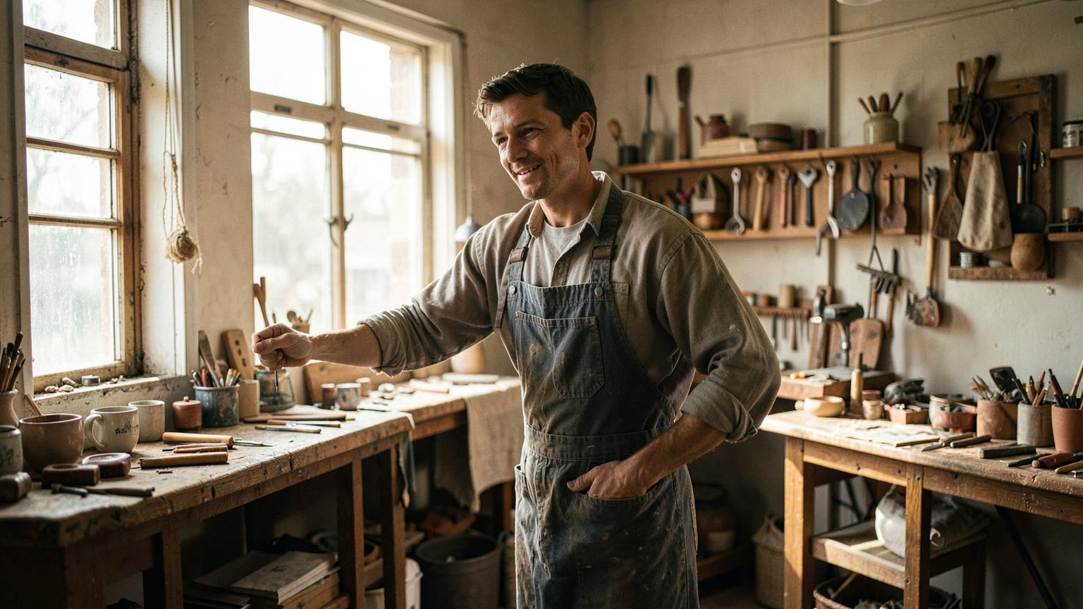 Selbstständiger Handwerker öffnet morgens seine eigene Werkstatt