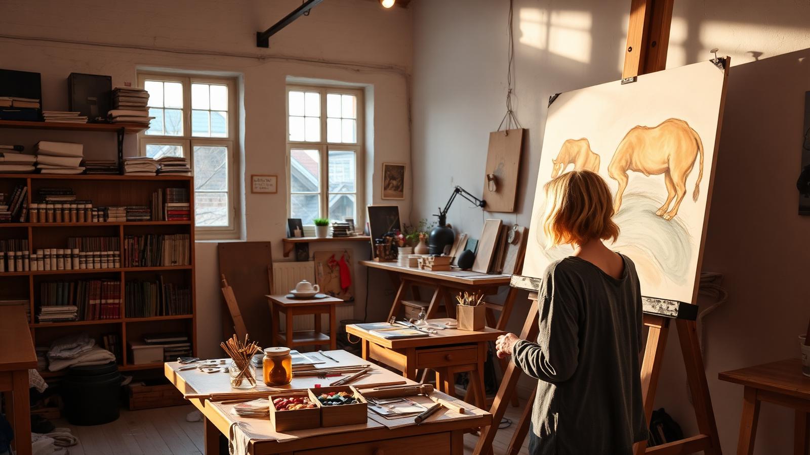 Malerin im sonnendurchfluteten Atelier vor großer Leinwand