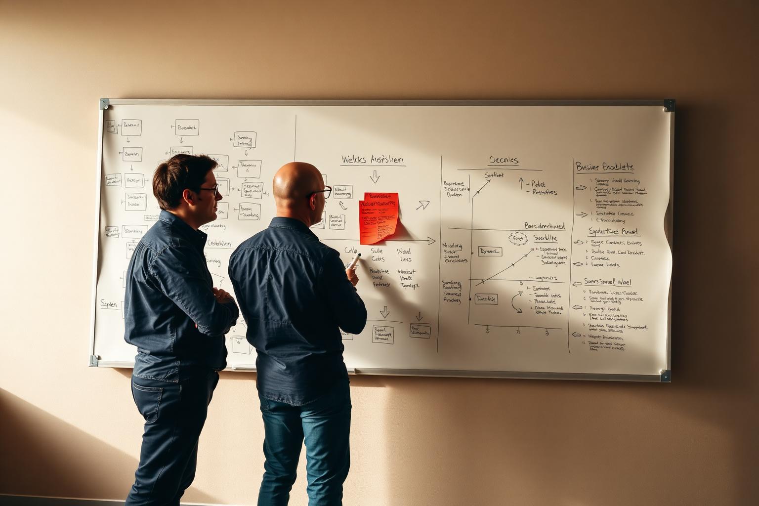 Zwei Unternehmer skizzieren ihr Geschäftsmodell am Whiteboard