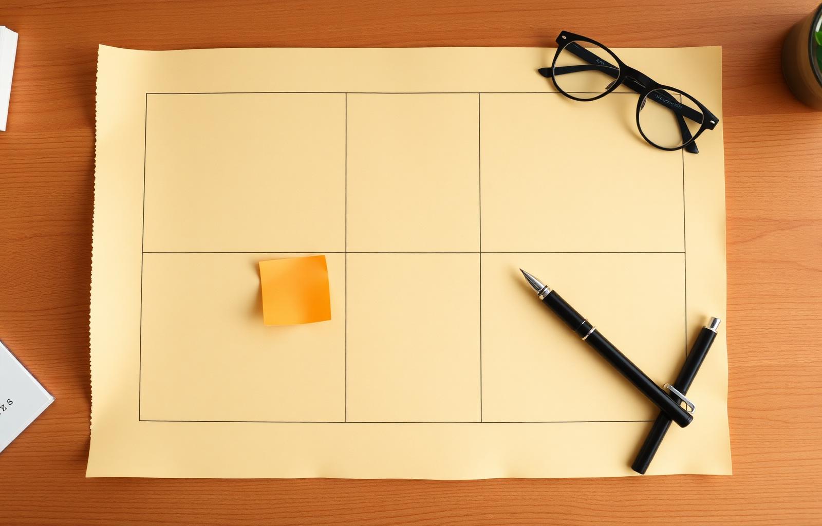 Leeres Business Model Canvas auf einem Schreibtisch – Papier mit neun Feldern, Brille, Füller und Haftnotiz