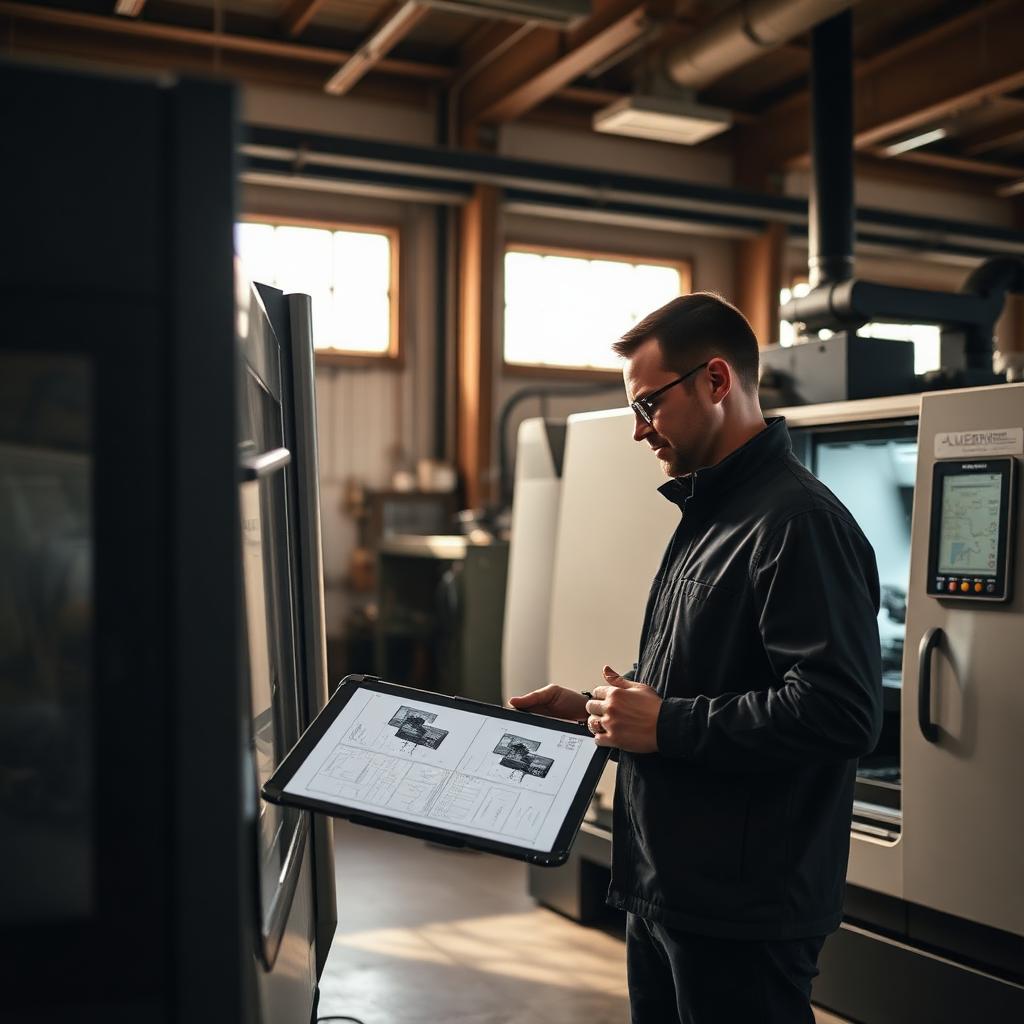 Ingenieur prüft auf einem Tablet einen Projektplan neben einer CNC-Maschine in einer mittelständischen Fertigung