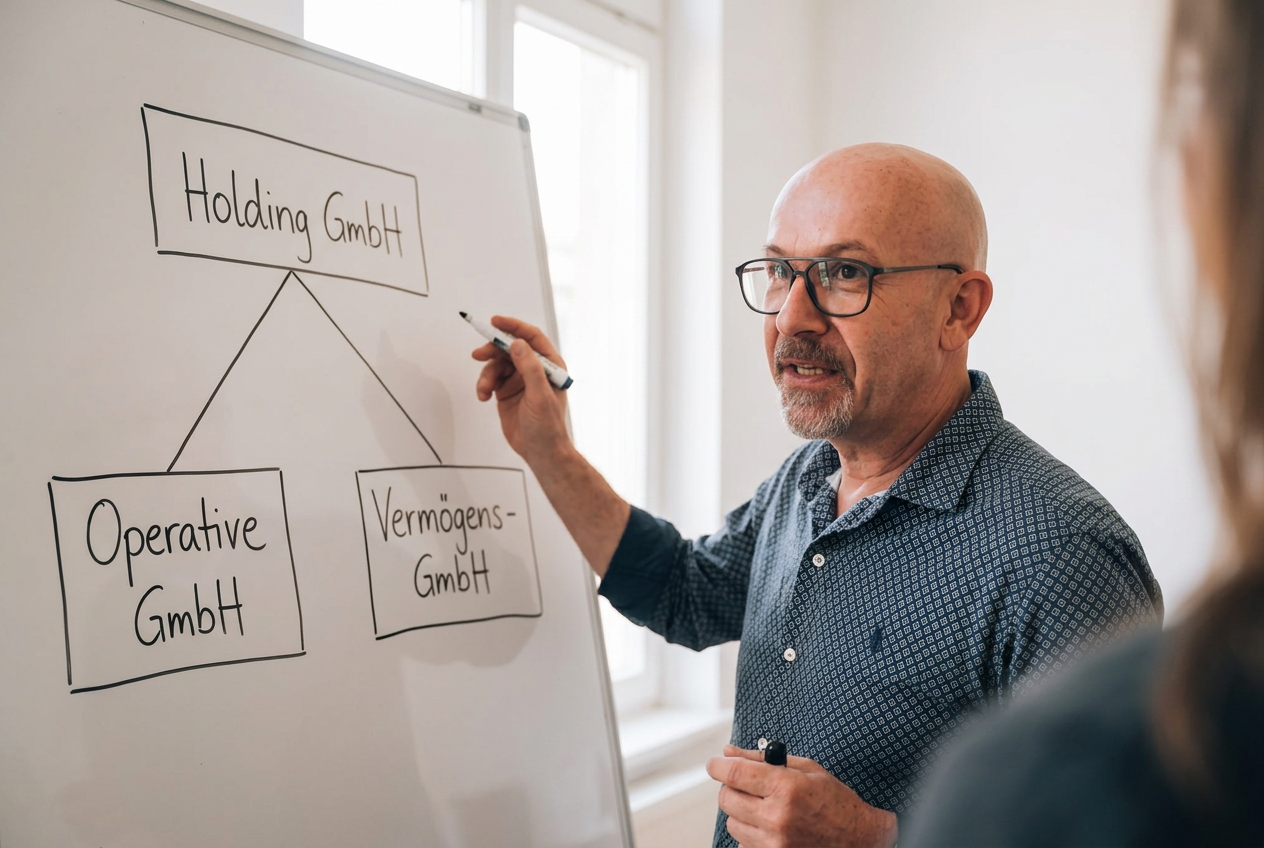 Raimund Imo erklärt die Struktur einer GmbH-Holding am Whiteboard