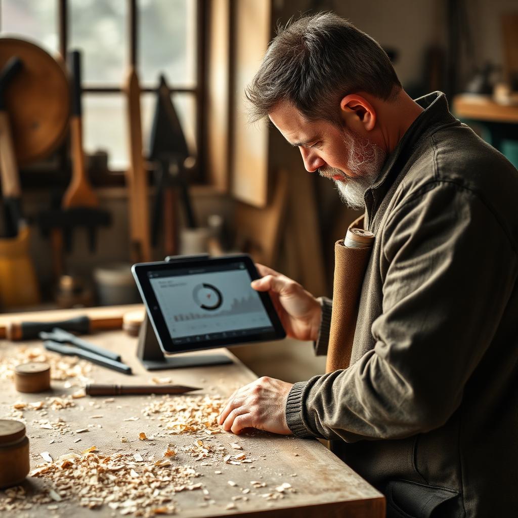 Handwerker in der Werkstatt mit Tablet und Auswertung