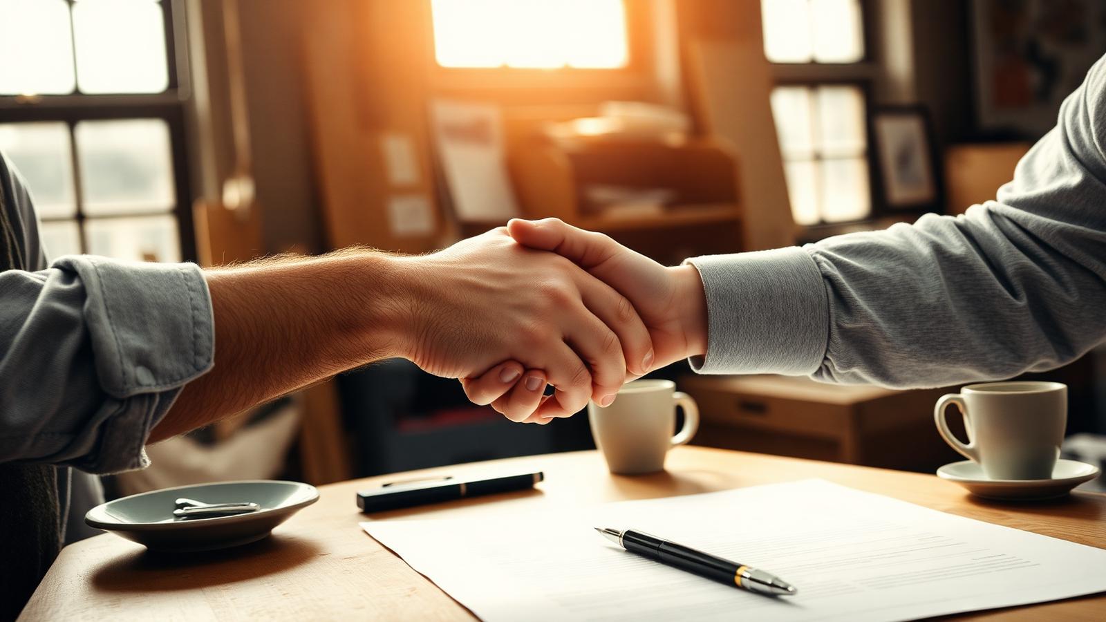 Handschlag zwischen Kaufmann und Geschäftspartner über einem leeren Vertragsblatt in einem Werkstattbüro