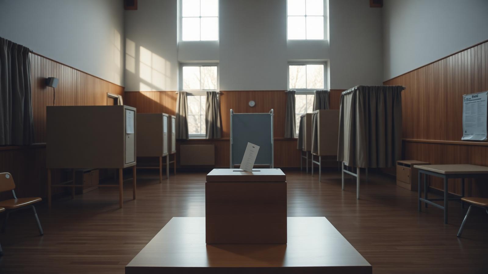 Leere Wahlkabinen und eine hölzerne Wahlurne in einer ruhigen Turnhalle am Morgen