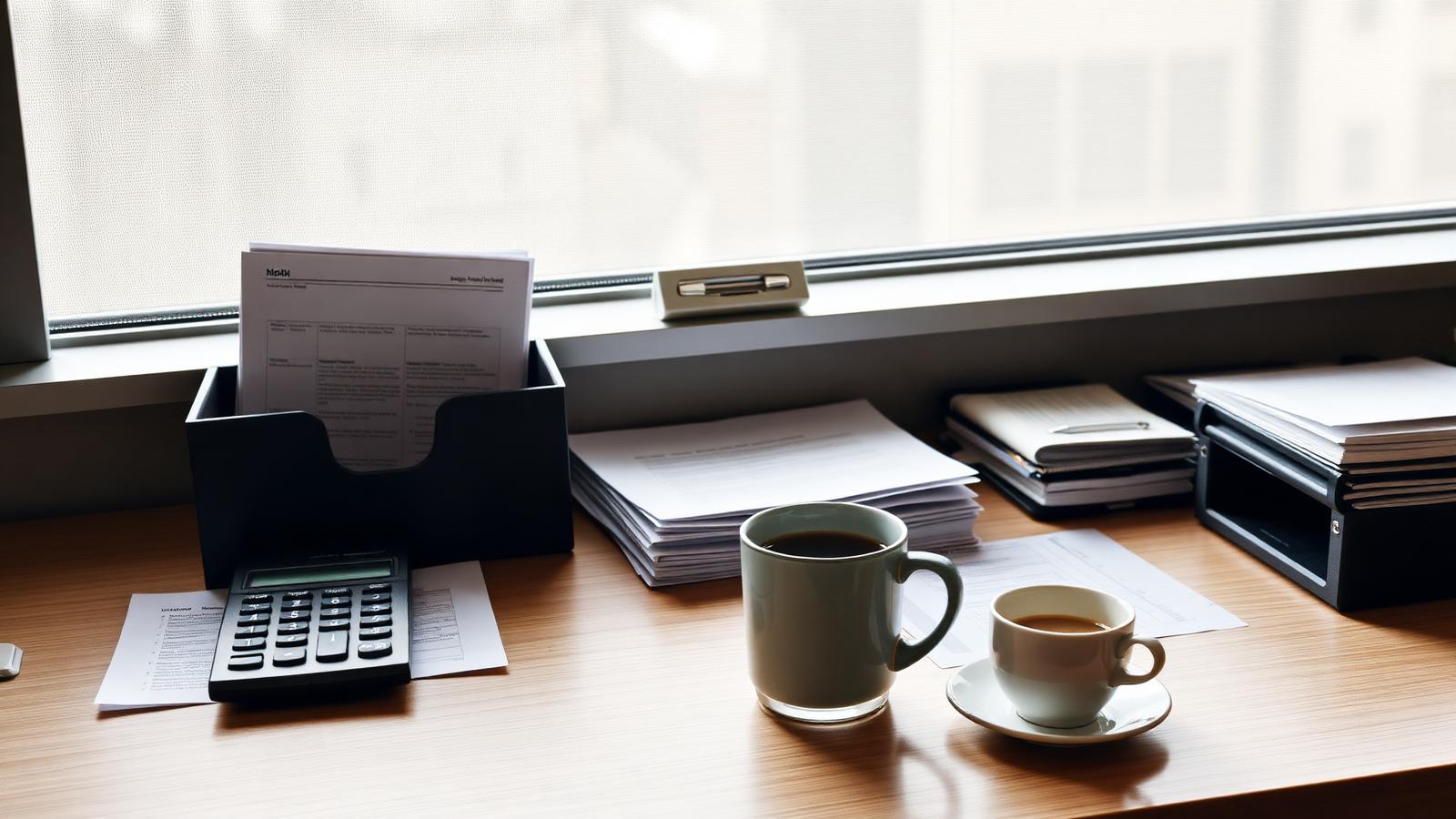 Aufgeräumter Arbeitsplatz mit Belegen, Aktenordner und Taschenrechner – Datenbasis für die Krisenfrüherkennung.