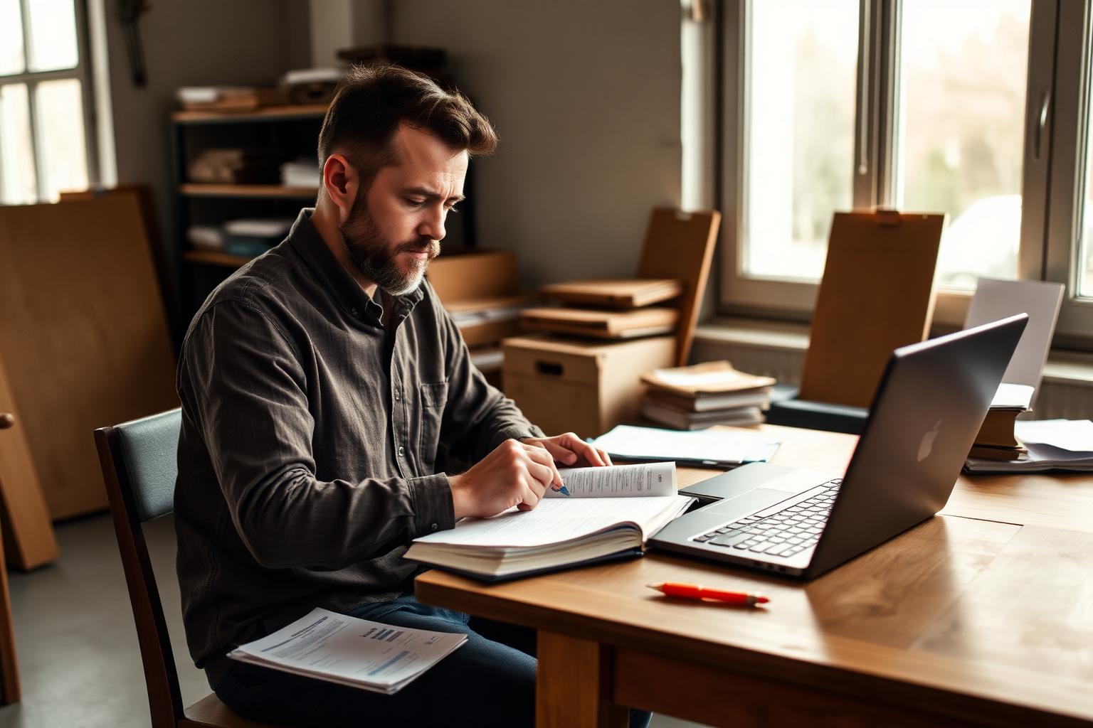 Unternehmer arbeitet am Businessplan im Werkstattbüro