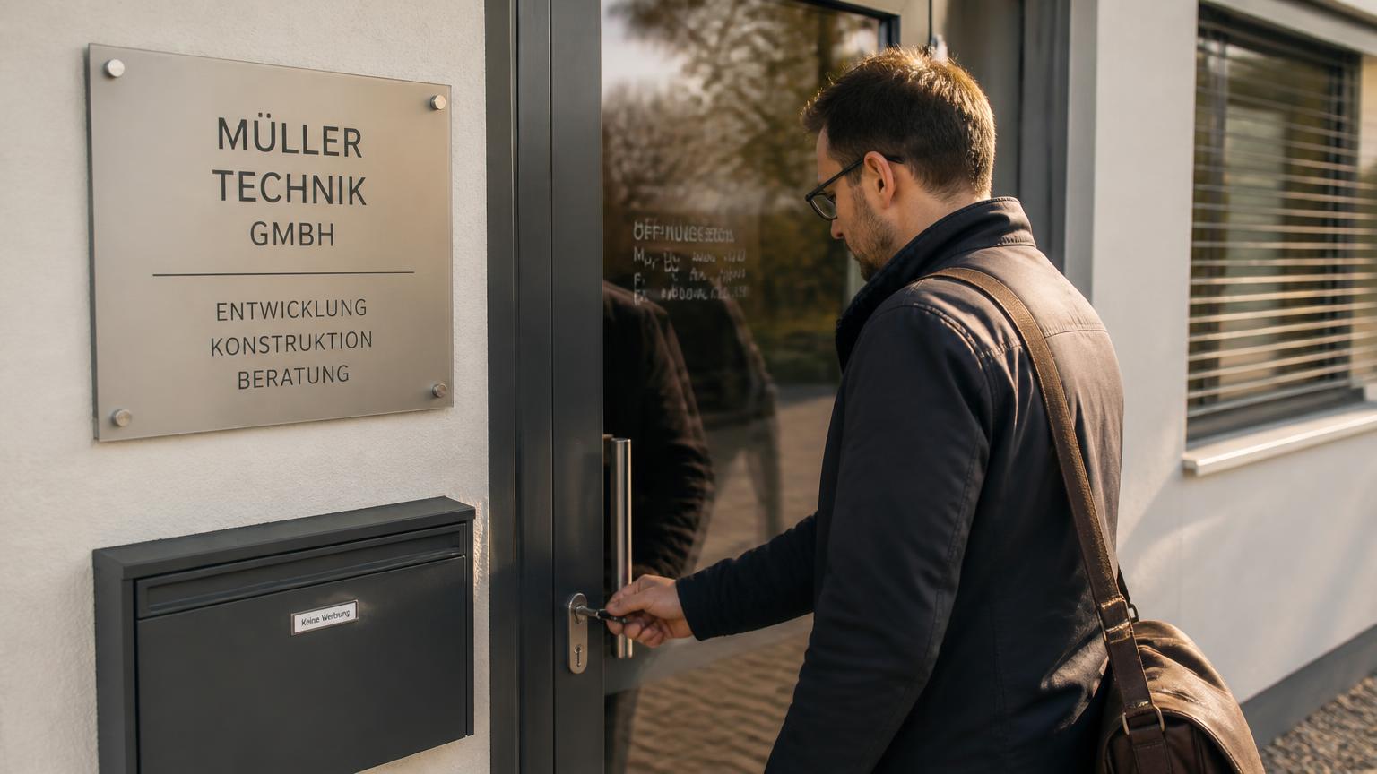 Unternehmer öffnet morgens die Tür seines Firmengebäudes mit Namensschild