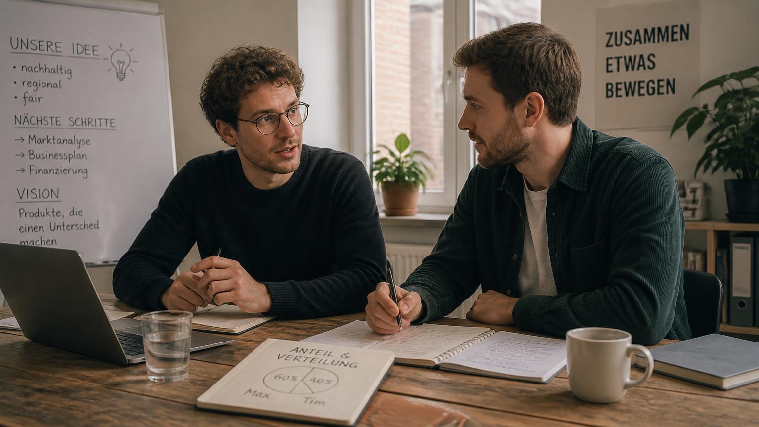 Zwei Gründer besprechen an einem Tisch Anteile und Geschäftsmodell