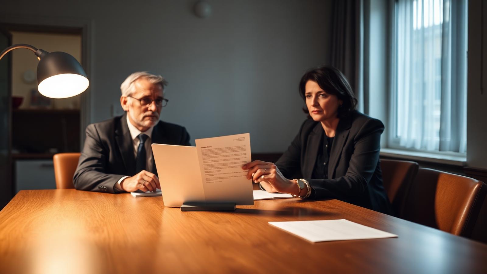 Zwei Geschäftsleute am Konferenztisch besprechen eine Mahnung – ruhige, sachliche Eskalation im B2B