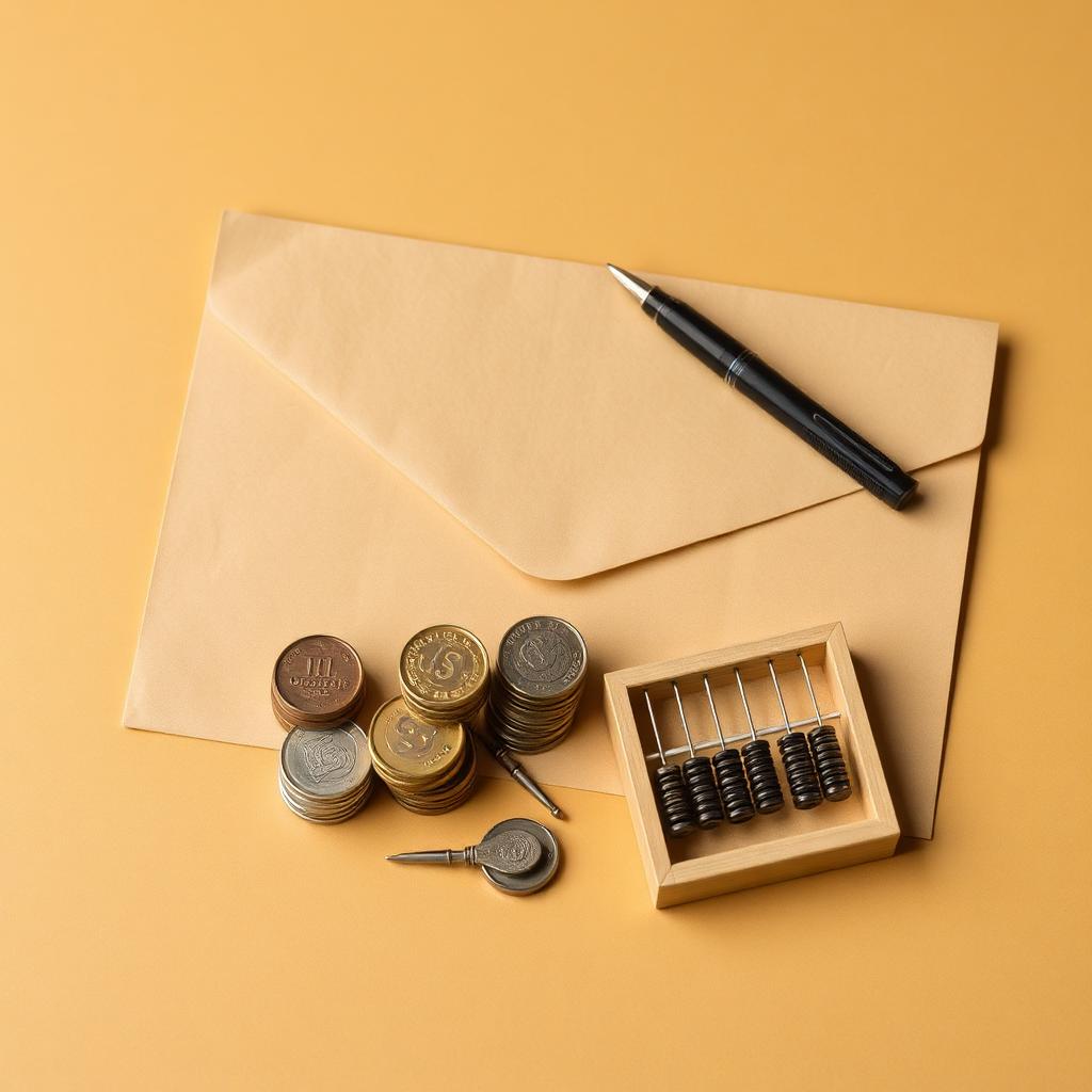 Sinnbild für die Finanzierung der Sozialkassen: Umschlag, Münzstapel und ein kleiner Abakus auf warmem Papier.