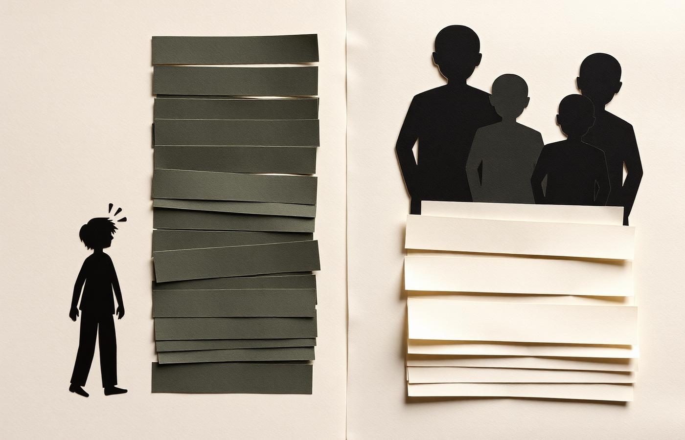 Papercut-Collage: eine einzelne Silhouette neben einem hohen Fixkosten-Stapel, daneben eine Gruppe von drei Silhouetten neben einem deutlich kleineren gemeinsamen Kosten-Stapel.