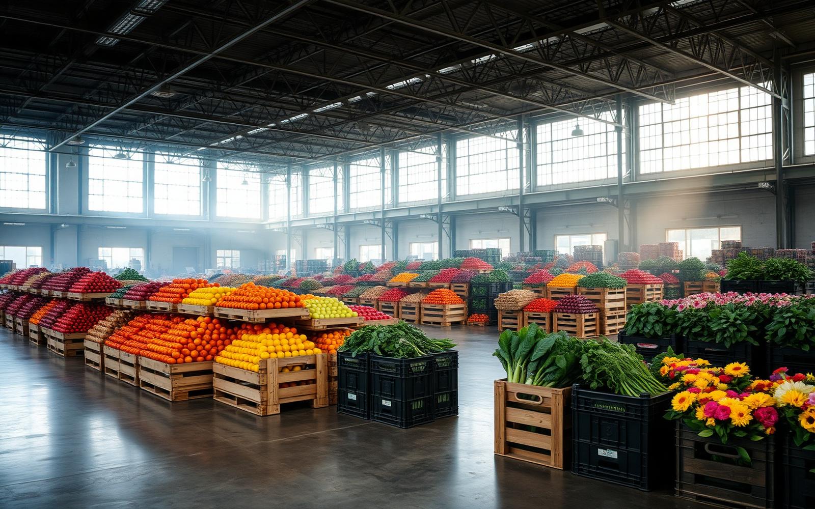 Frischwaren-Großhandelshalle am frühen Morgen mit gestapelten Holzkisten voller Obst, Gemüse und Blumen – Symbolbild für die hohe Kapitalbindung im Großhandel verderblicher Güter.