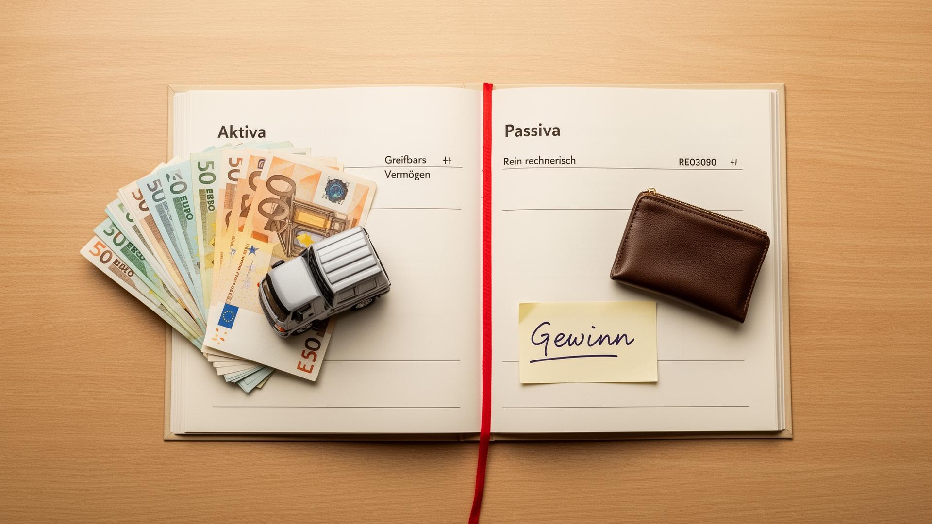 Aktiva und Passiva einer Bilanz: links das greifbare Vermögen (Fuhrpark, Cash), rechts der rein rechnerische Gewinn.