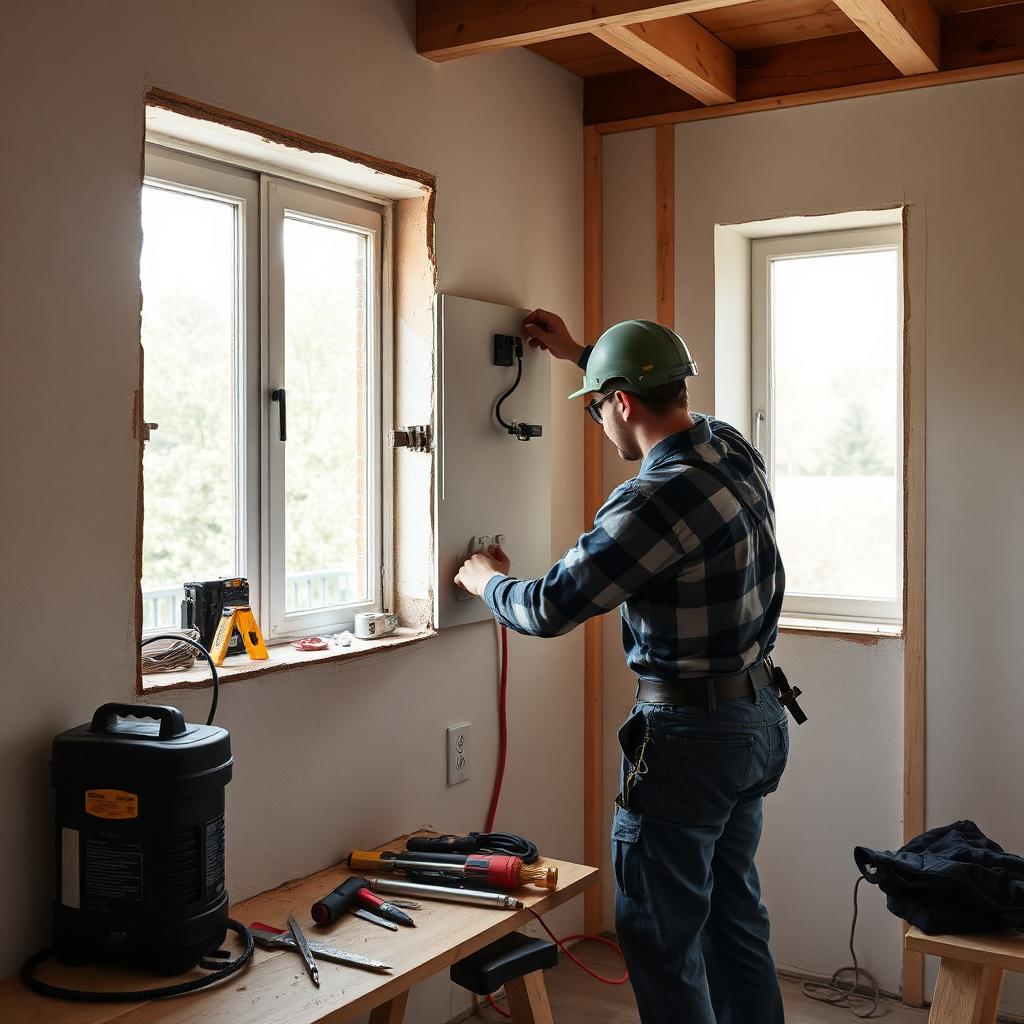 Elektromeister auf einer Baustelle in einem Wohnhaus, offene Installationswand