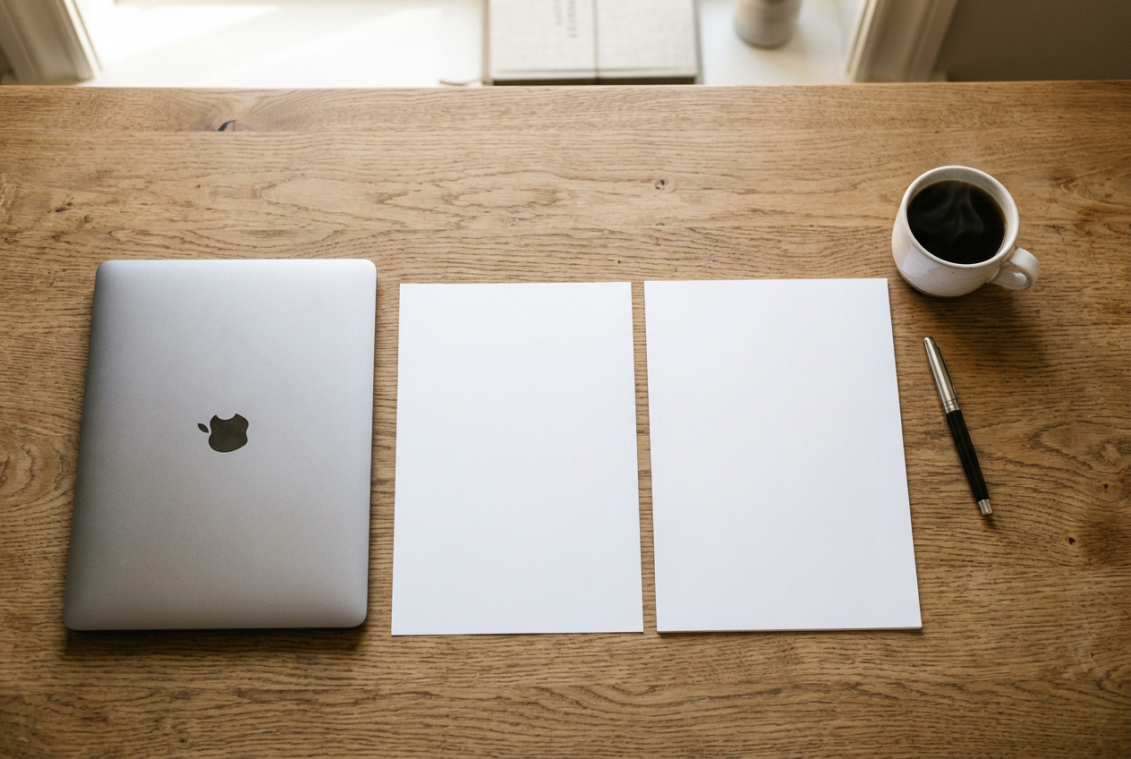 Aufgeräumter Schreibtisch mit Laptop, vorbereiteten Unterlagen, Füller und Kaffeetasse – Symbolbild für ein gut vorbereitetes Bankgespräch.