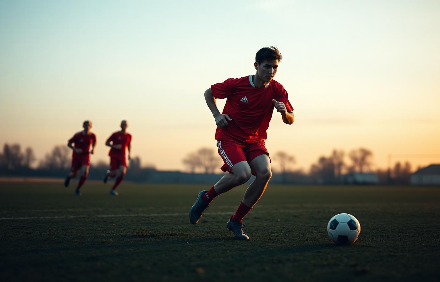 Fußballer in rotem Trikot sprintet entschlossen zum Ball zurück