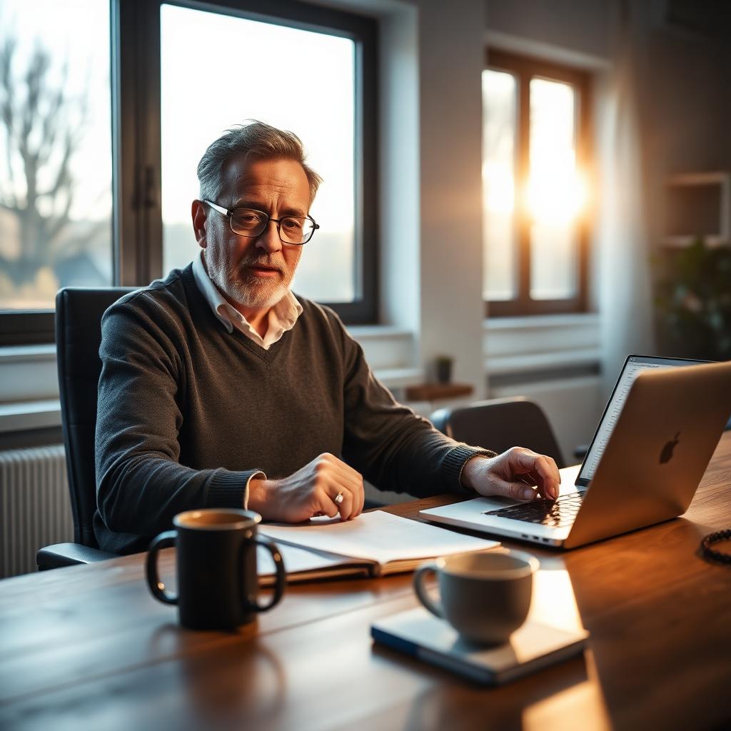 Gründer am Schreibtisch mit Notizbuch und Laptop im Morgenlicht