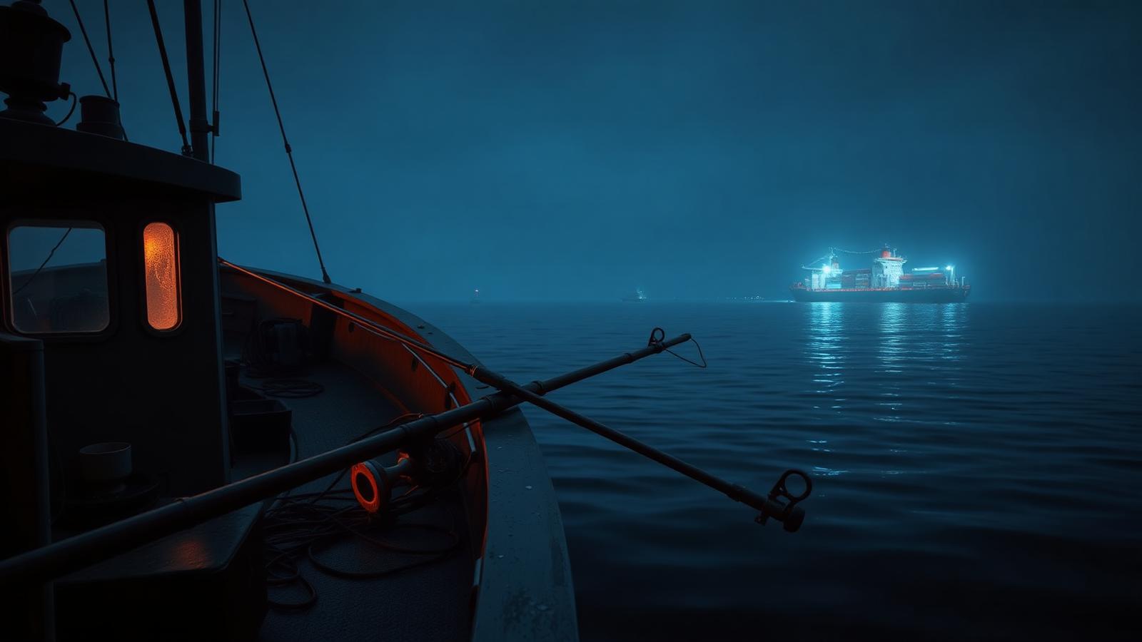 Fischerboot bei Nacht mit defekter Angelrute, im Hintergrund hell erleuchtete Containerschiffe