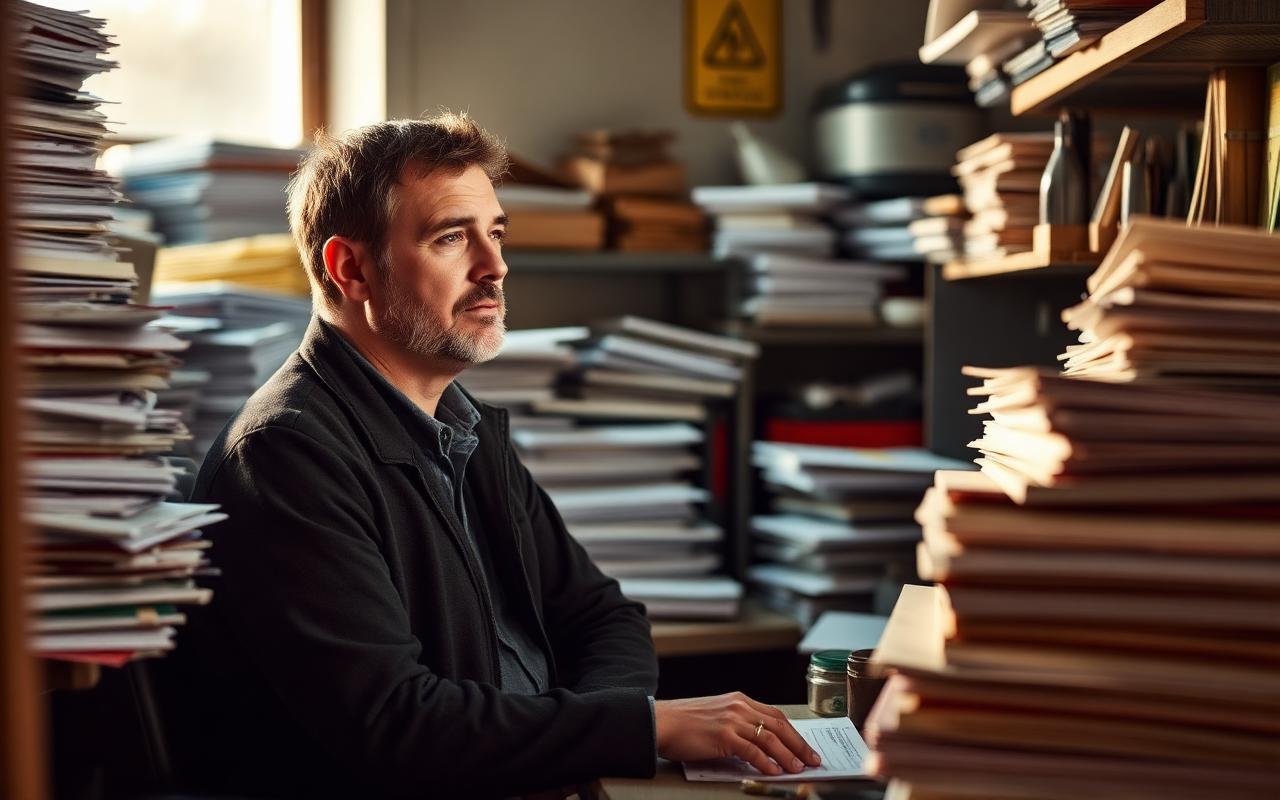 Unternehmer im Mittelstand sitzt nachdenklich am Schreibtisch, umgeben von Aktenstapeln und Bürokratie