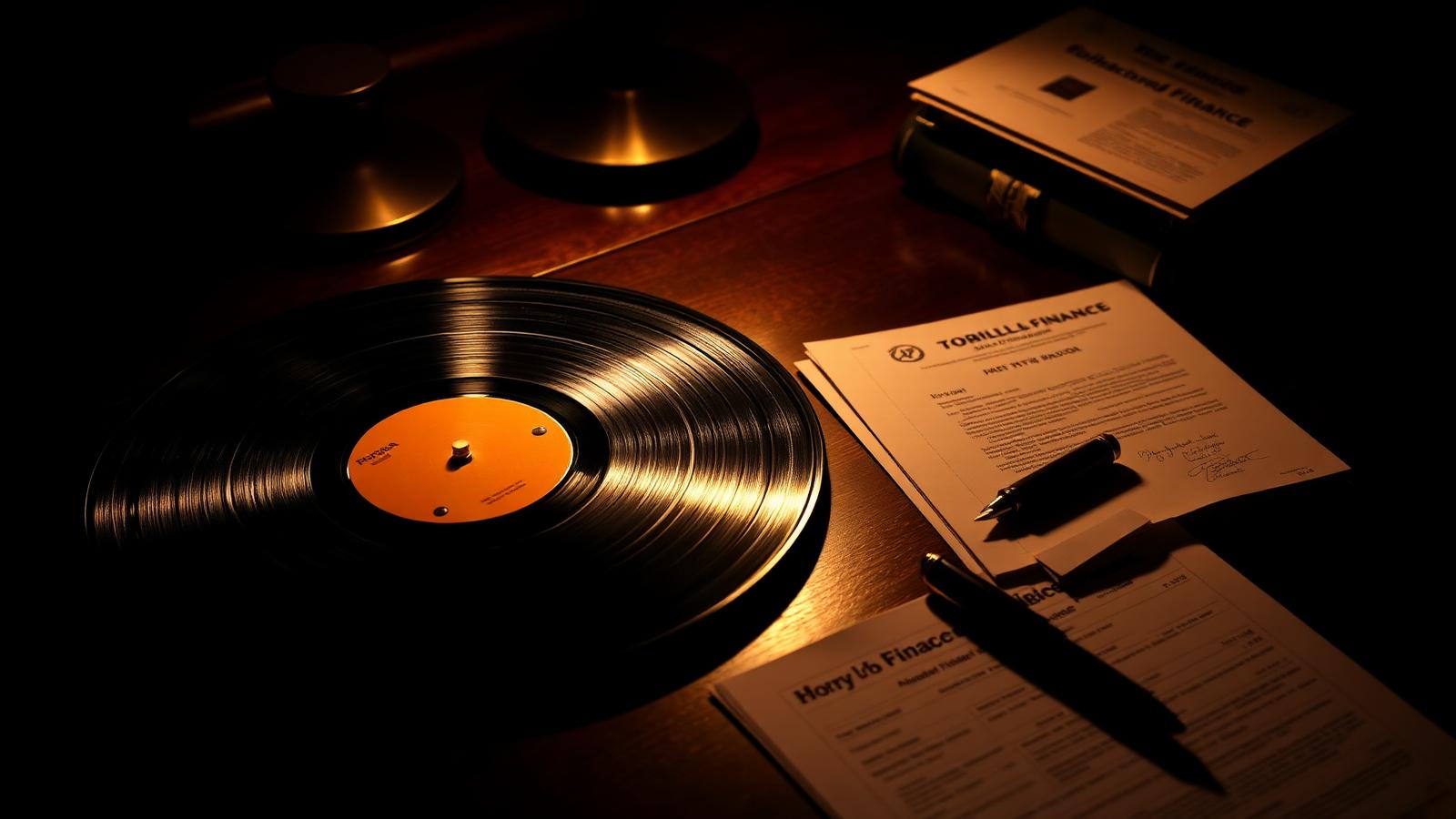 Vinyl-Schallplatte neben Finanzdokumenten – Symbolbild für die Verbriefung von Musiklizenzen