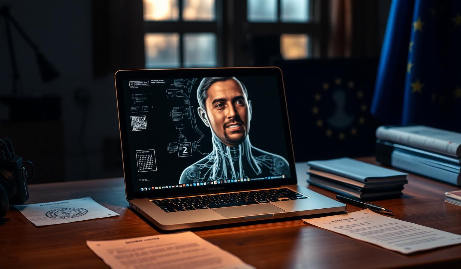 Laptop mit KI-generiertem Porträt auf einem Schreibtisch, daneben Dokumente, Stempel und EU-Fahne im Hintergrund