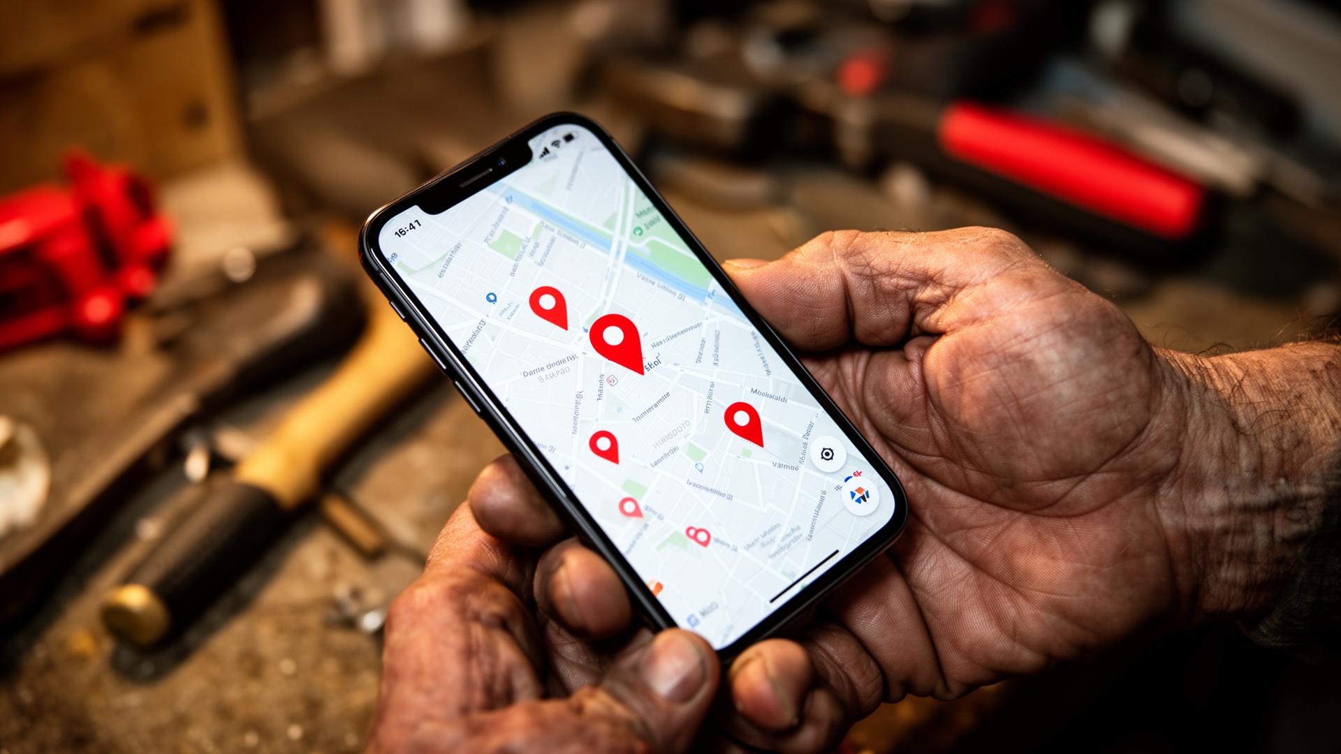 Smartphone in der Hand eines Handwerkers, Kartenansicht mit lokalen Pin-Markierungen