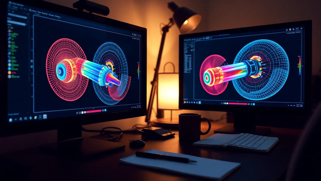 Engineering-Arbeitsplatz mit zwei Monitoren, die farbige Simulations-Meshes eines technischen Bauteils zeigen – sinnbildlich für die Arbeit von Weber Simulation Engineer.