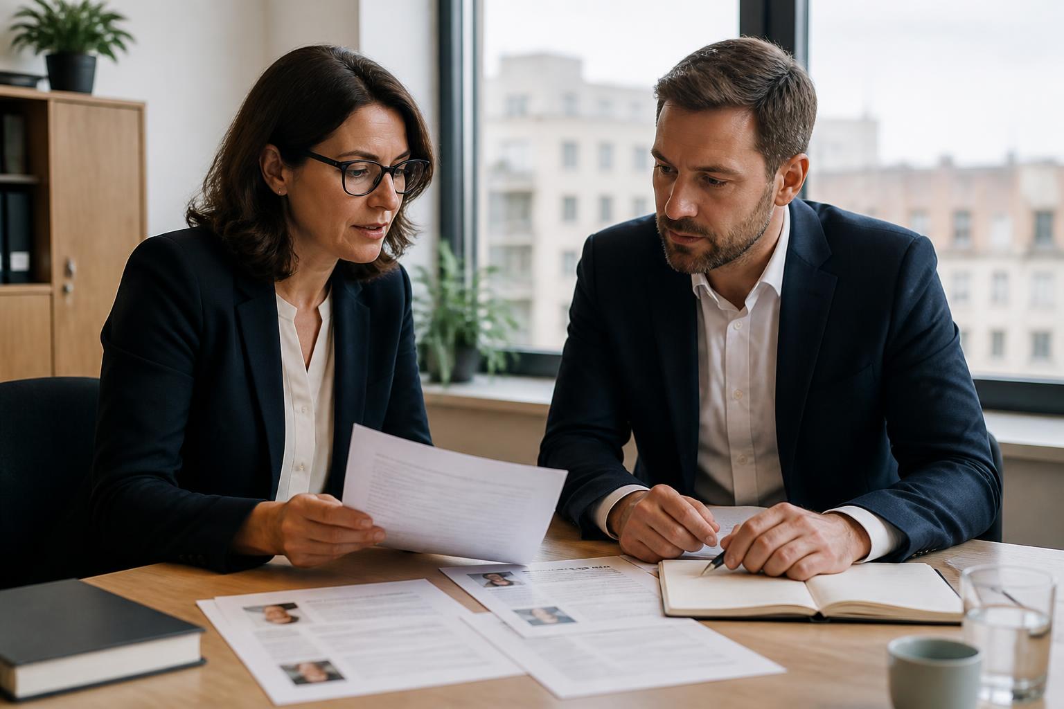 Unternehmer betrachtet sorgfältig eine Personalauswahl am großen Bildschirm, HR-Software mit Profilen