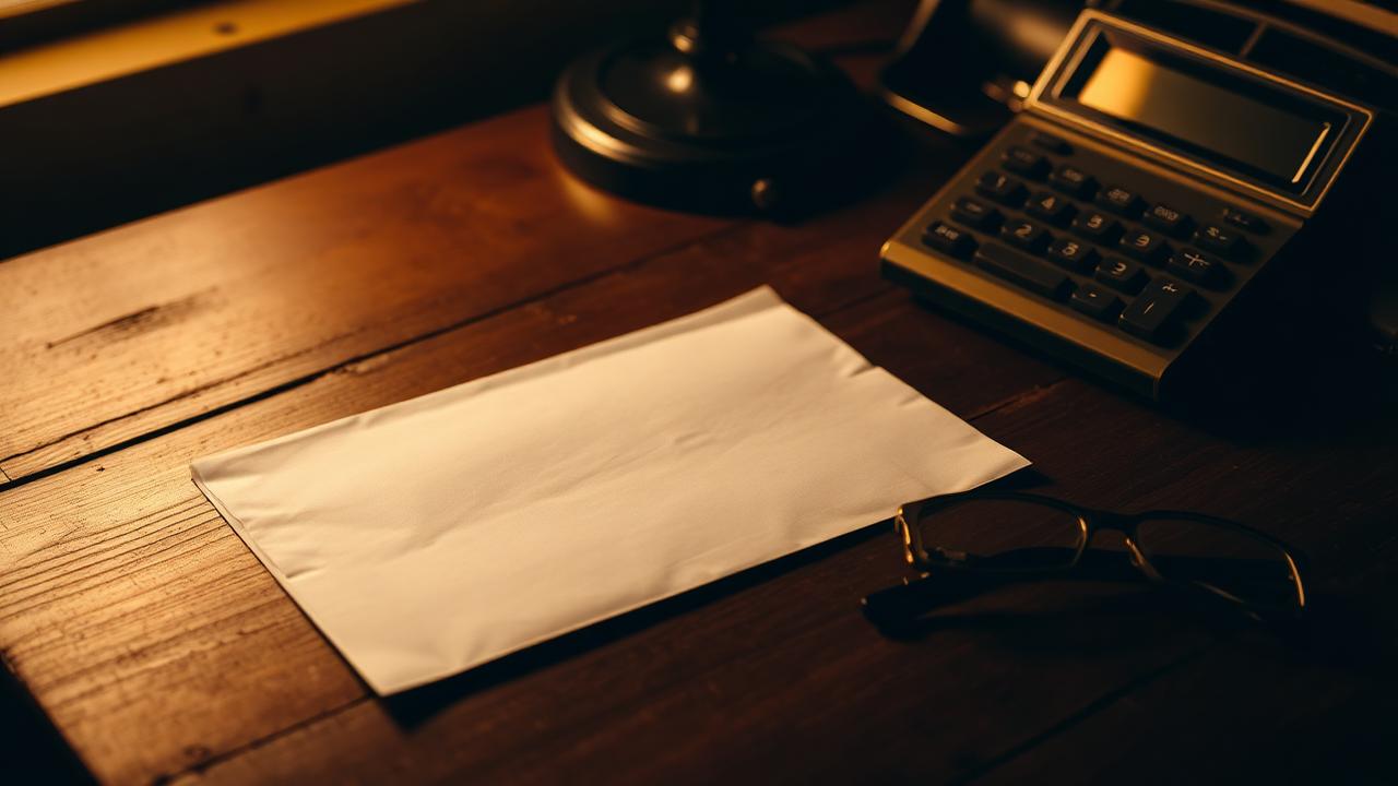 Unbezahlte Rechnung neben Tischrechner und Lesebrille auf einem Schreibtisch im warmen Abendlicht – Forderungsmanagement entscheidet oft über das Überleben eines kleinen Unternehmens.