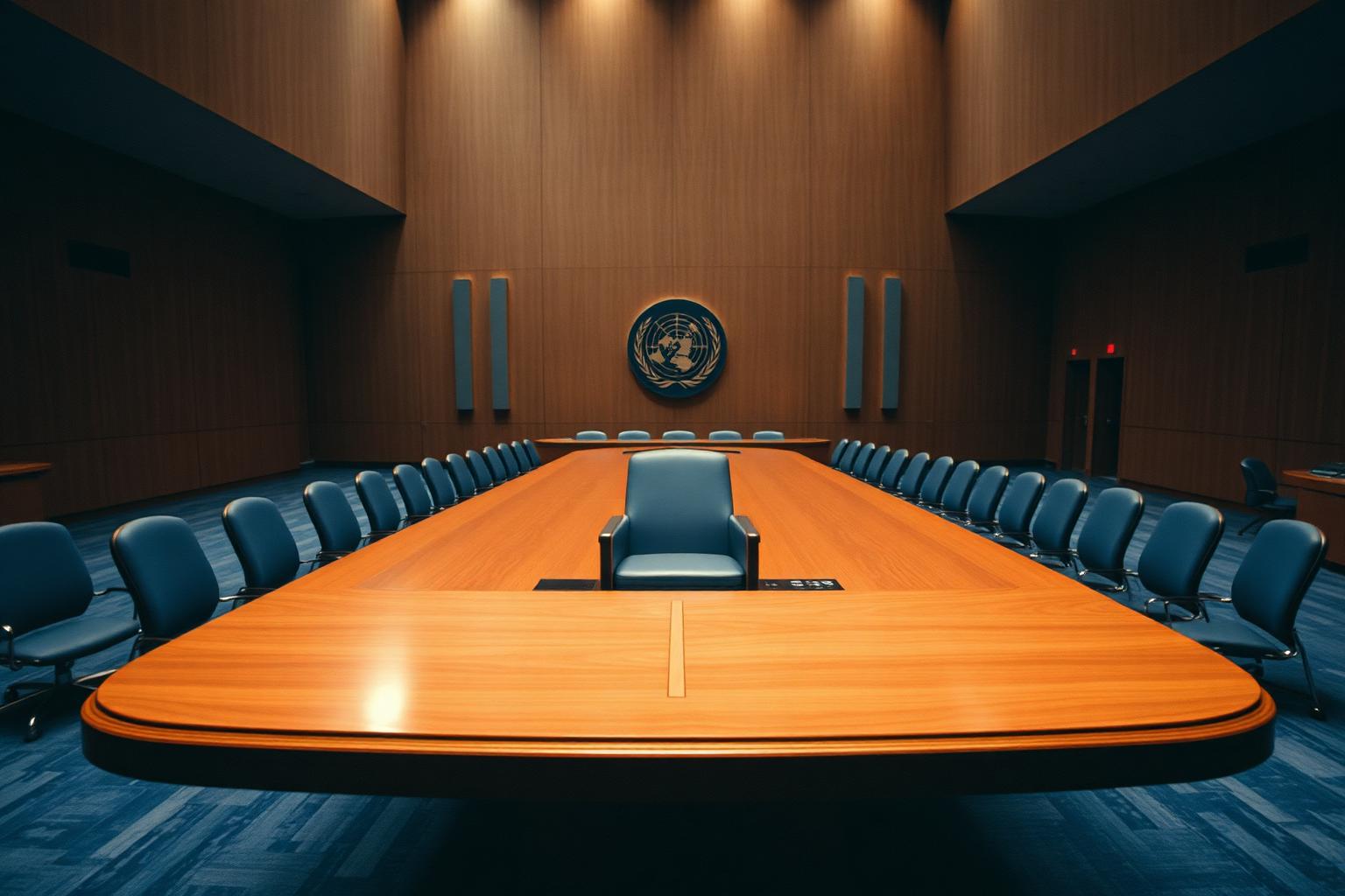 Leerer Vorsitzplatz an einem internationalen Konferenztisch – sinnbildlich für den unbesetzten deutschen Sitz im UN-Weltsicherheitsrat.